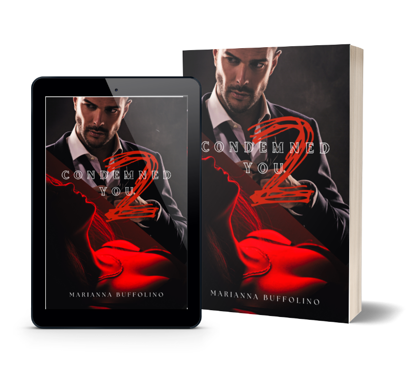 A book and tablet display the cover of Condemned You 2 by Marianna Buffolino, featuring a man in a suit above red-gloved hands and lips, with bold red and white text.