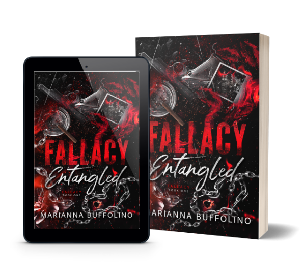 A book and tablet display the cover of Fallacy: Entangled by Marianna Buffolino, featuring red lips with fangs and blood, a suited man, and a shirtless torso against a dark background.