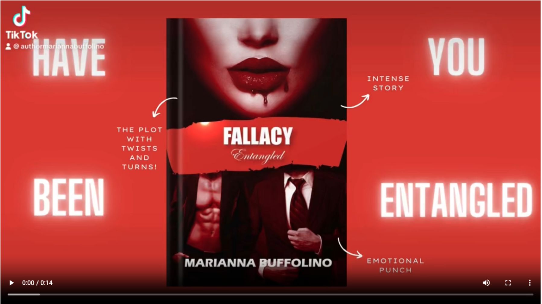A book cover for Fallacy: Entangled by Marianna Buffolino features red lips with blood, a shirtless man, and a man in a suit. Text says: Have you been entangled, Intense story, Emotional punch, The plot with twists and turns!.