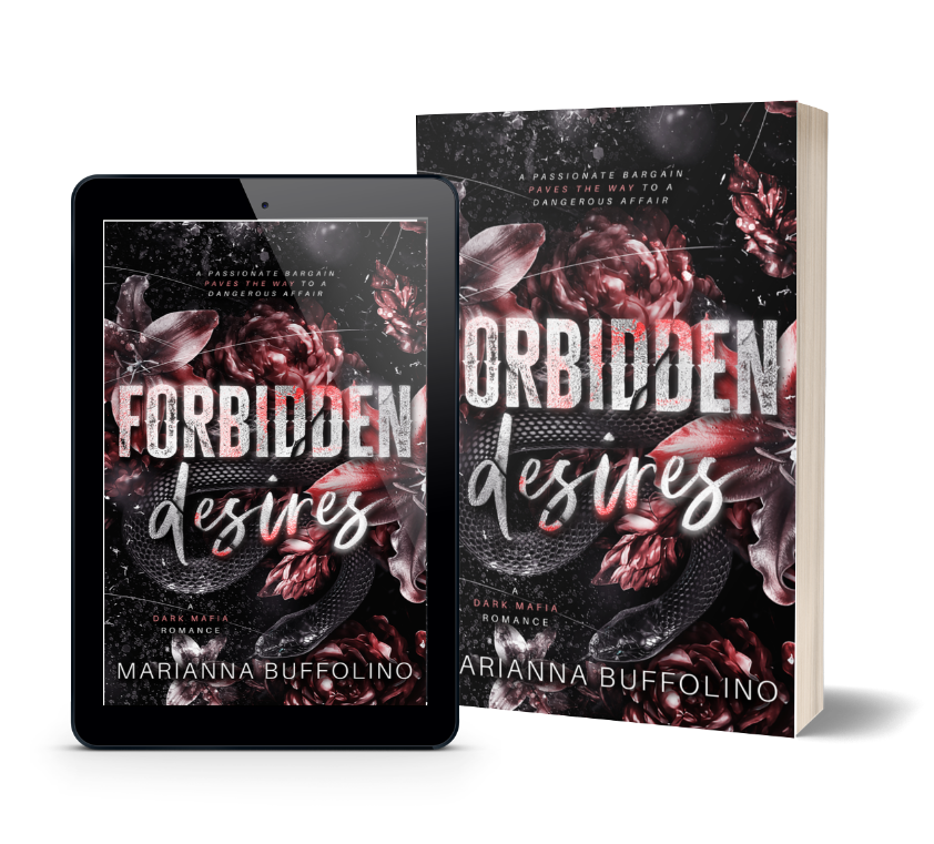 A digital tablet and a paperback book display the cover of Forbidden Desires by Marianna Buffolino. The dark, floral-themed cover features bold white and cursive text with red accents.