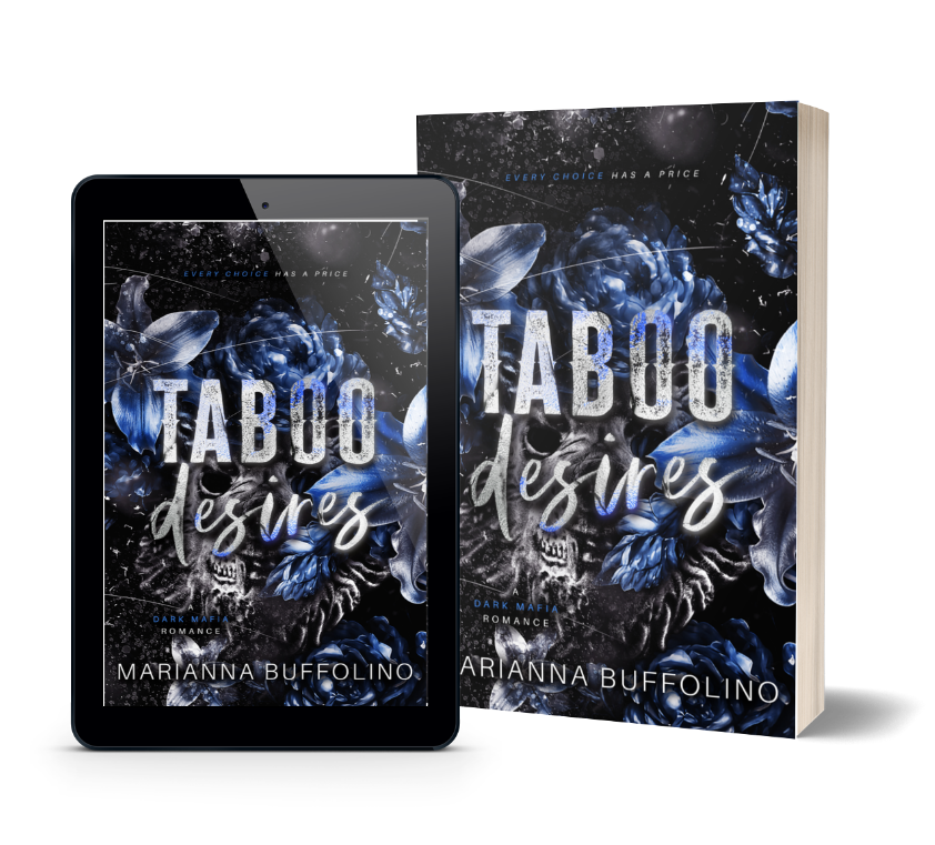 A digital tablet and a paperback copy both display the cover of the book Taboo Desires by Marianna Buffolino, featuring white and blue flowers on a dark, moody background with bold white lettering.